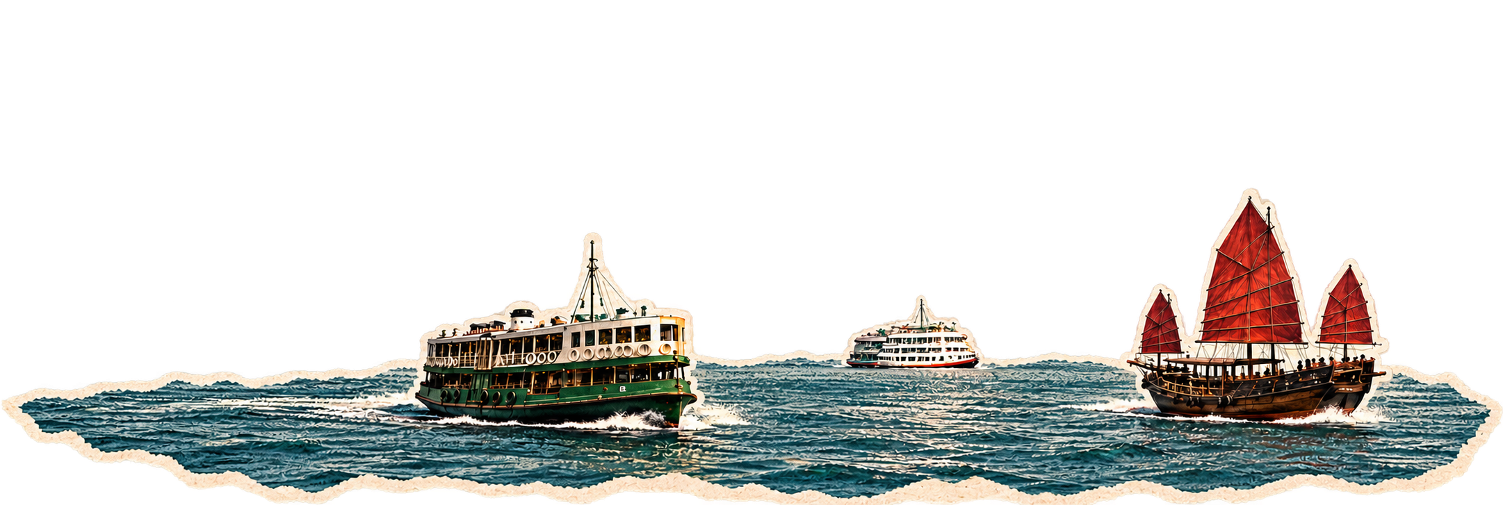 Victoria Harbour water, Star Ferry and red-sail junk foreground collage layer