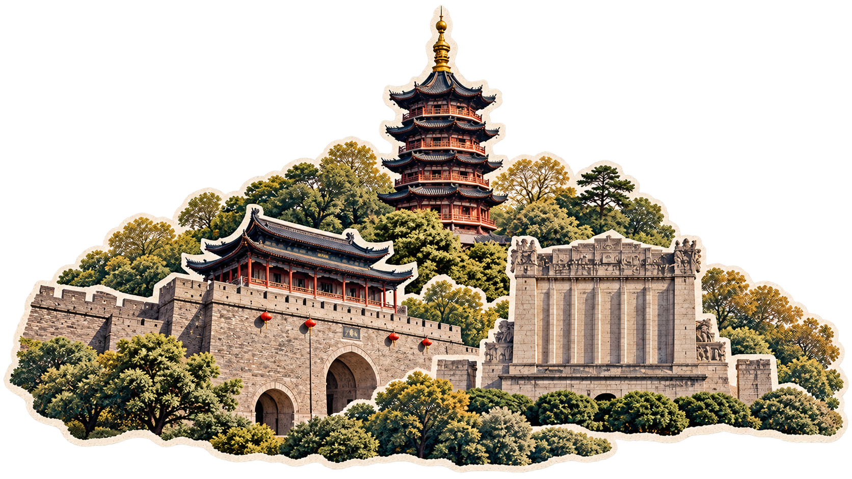 Nanjing city wall, pagoda and monument collage layer