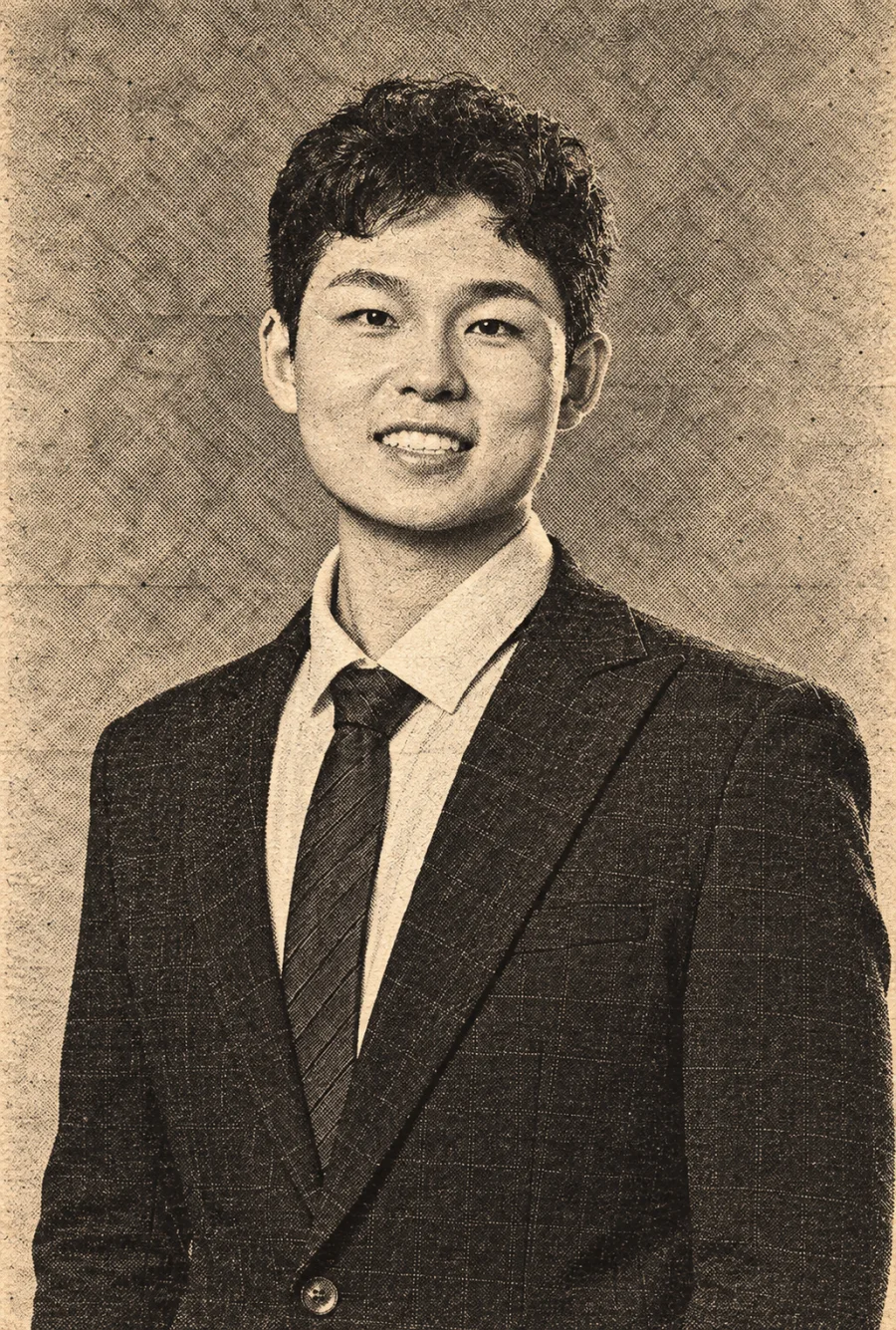 Upper-body portrait of Cai Wei in a newspaper halftone style